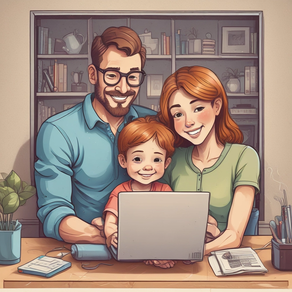 Famille heureuse devant un ordinateur